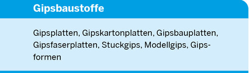 Gipsbaustoffe: Gipsplatten, Gipskartonplatten, Gipsbauplatten, Gipsfaserplatten, Stuckgips, Modellgips, Gipsformen