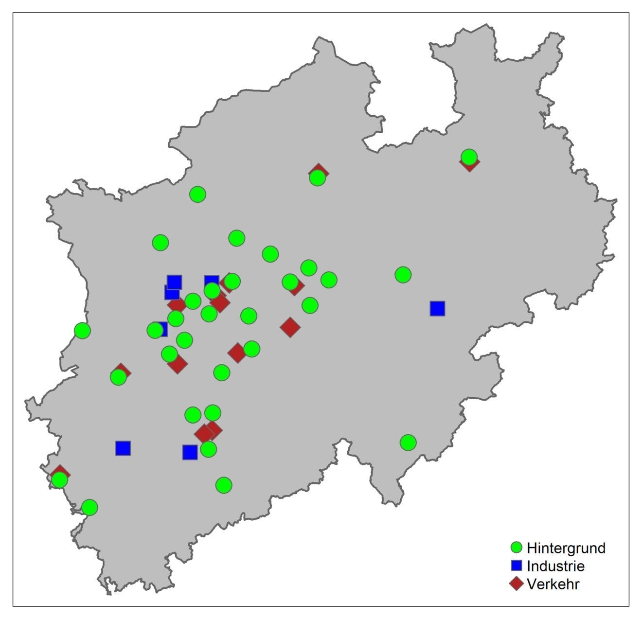 Karte von NRW mit markierten Messstellen