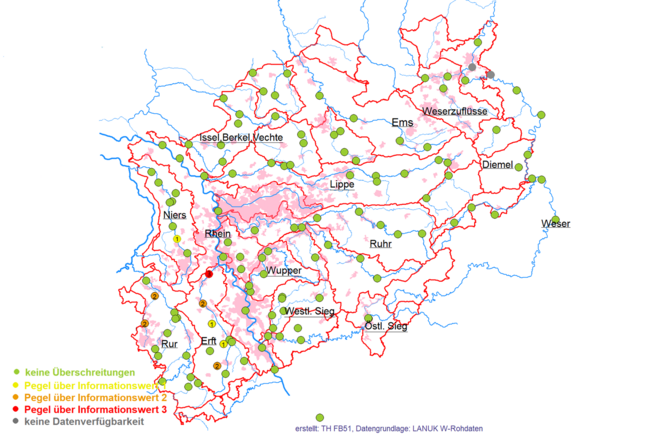 Gewässersituation in NRW: Pegel mit Überschreitung von Hochwasserinformationswerten während der Hochwasserlage am 9. und 10. September (Stand: 30.09.25)