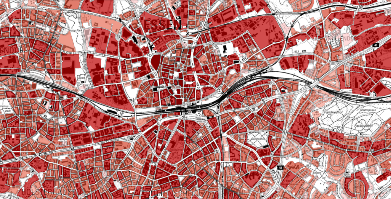 Darstellung des Raumwärmebedarfs (Ist-Zustand) auf Baublockebene für einen Ausschnitt der Essener Innenstadt. Quelle: LANUV/Energieatlas