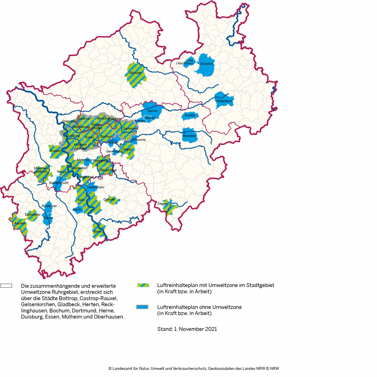 Karte von NRW mit eingezeichneten Gebieten mit Luftreinhalteplänen und Umweltzonen
