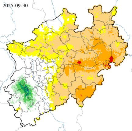 Einordung der Bodenfeuchte des Gesamtbodens - bis 1,8 m Tiefe - über die letzten 14 Tage (Stand. 30.09.2025)