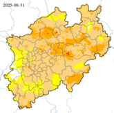 Dürrezustand des Gesamtbodens - bis 1,8 m Tiefe - über die letzten 14 Tage (Stand: 31.08.2025)