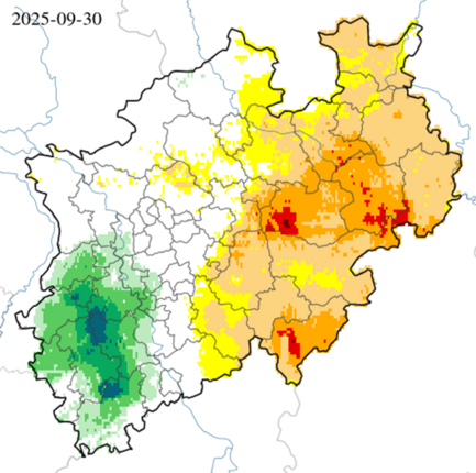 Einordung der Bodenfeuchte des Oberbodens - bis 0,25 m Tiefe - über die letzten 14 Tage (Stand. 30.09.2025)