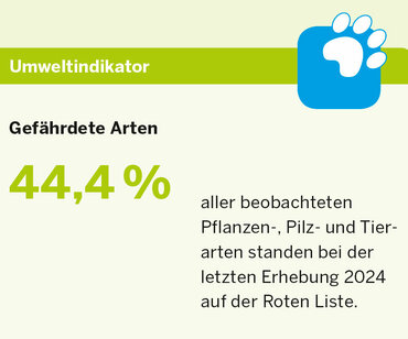 Umweltindikator Gefährdete Arten: 44,4 %    aller beobachteten Pflanzen-, Pilz- und Tierarten standen bei der letzten Erhebung 2024 auf der Roten Liste