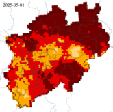 Dürrezustand des Oberbodens - bis 0,25 m Tiefe - über die letzten 30 Tage (Stand: 01.05.2025)