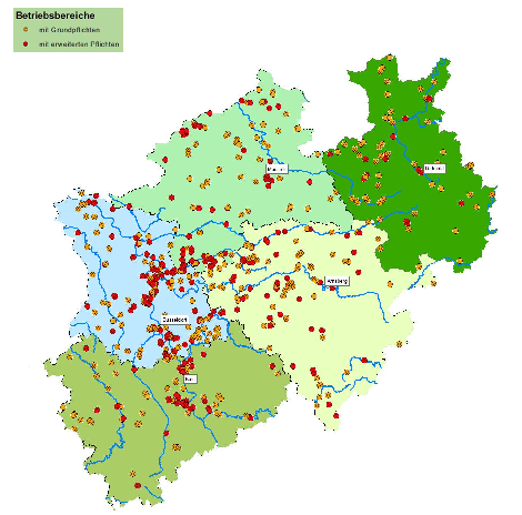 Karte von NRW: Betriebsbereiche nach Störfallverordnung