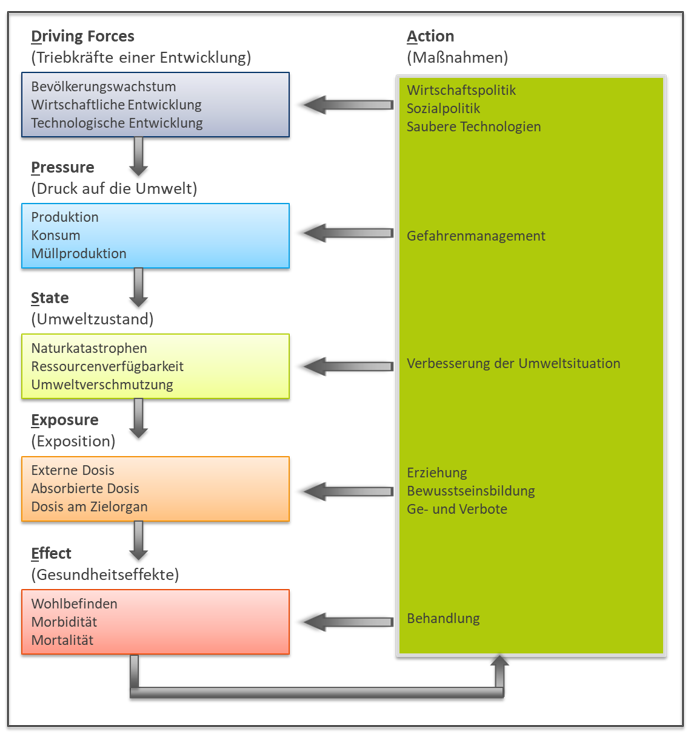 Bild des DPSEEA Modells der WHO von 1996; (Driving Force–Pressure–State–Exposure–Effect–Action, kurz DPSEEA)