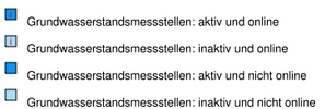 Legende Marker Grundwassermessstellen: Dunkelblau = aktiv, Hellblau = inaktiv, mit "i" = online